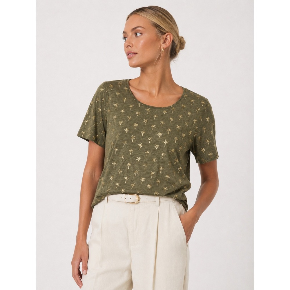 Chicos The Ultimate Tee Olivine Green Gold Foil Palm Tree Slub Knit Top 3 XL NWT